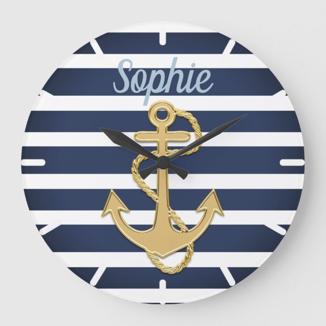 Blue Stripes & Gold Anchor Nautical Large Clock (Front)
