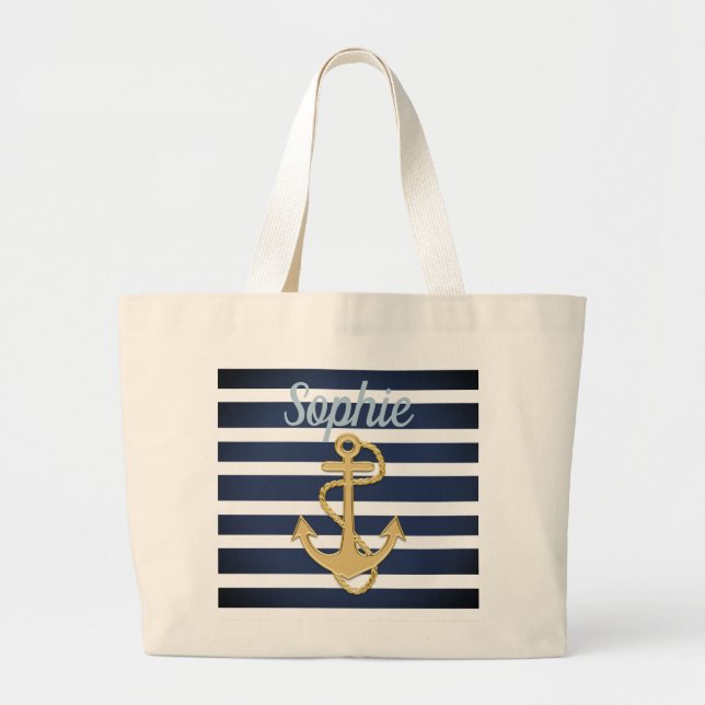 Blue Stripes & Gold Anchor Nautical Large Tote Bag (Front)