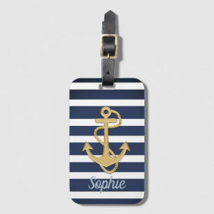 Blue Stripes & Gold Anchor Nautical Luggage Tag
