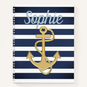 Blue Stripes & Gold Anchor Nautical Notebook