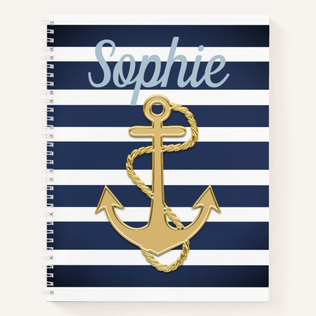 Blue Stripes & Gold Anchor Nautical Notebook (Front)