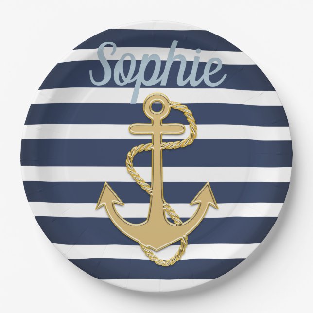 Blue Stripes & Gold Anchor Nautical Paper Plate (Front)