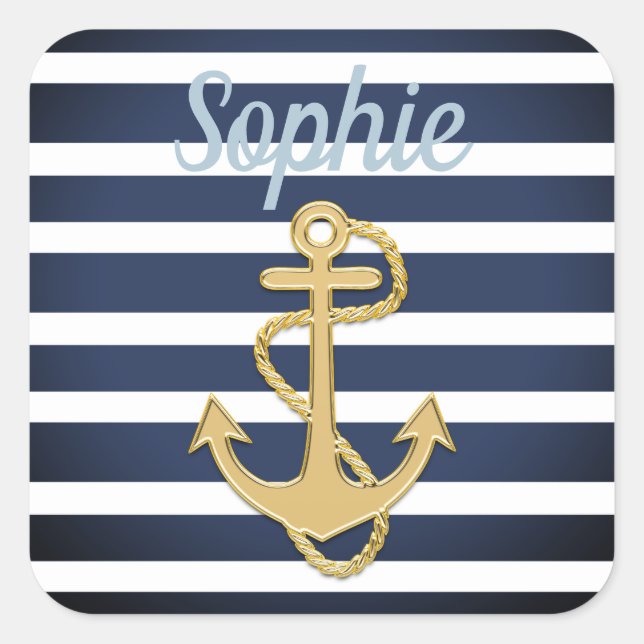 Blue Stripes & Gold Anchor Nautical Square Sticker (Front)