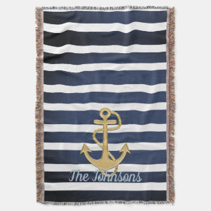 Blue Stripes & Gold Anchor Nautical Throw Blanket