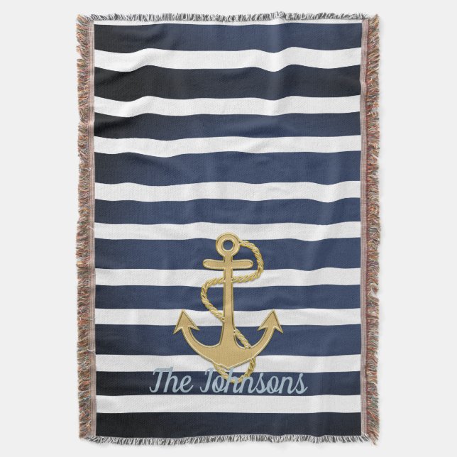 Blue Stripes & Gold Anchor Nautical Throw Blanket (Front Vertical)