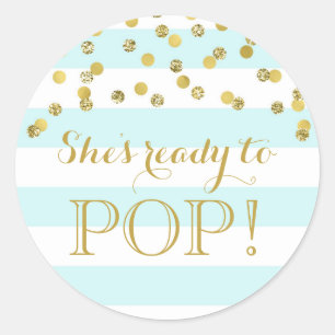 Blue Stripes Gold Confetti She's Ready to Pop Classic Round Sticker