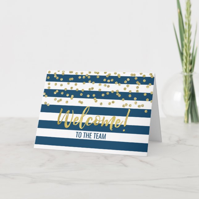 Blue Stripes Gold Dot Employee Welcome to the Team Card (Front)