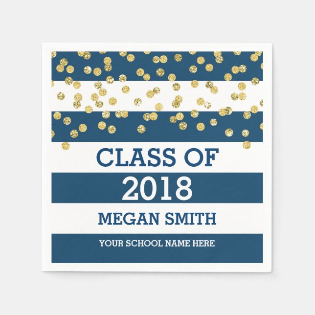 Blue Stripes Gold Dots Class of 2018 Graduation Napkin (Front)