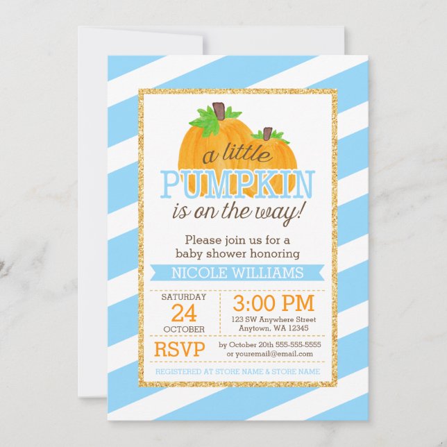 Blue Stripes Gold Little Pumpkin Fall Baby Shower Invitation (Front)