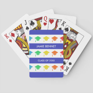 Blue Stripes & Graduation Caps   Custom Name Playing Cards