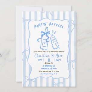 Blue Stripes Hand Drawn Poppin Bottles Baby Shower Invitation