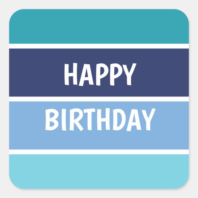 Blue Stripes Happy Birthday Square Sticker (Front)