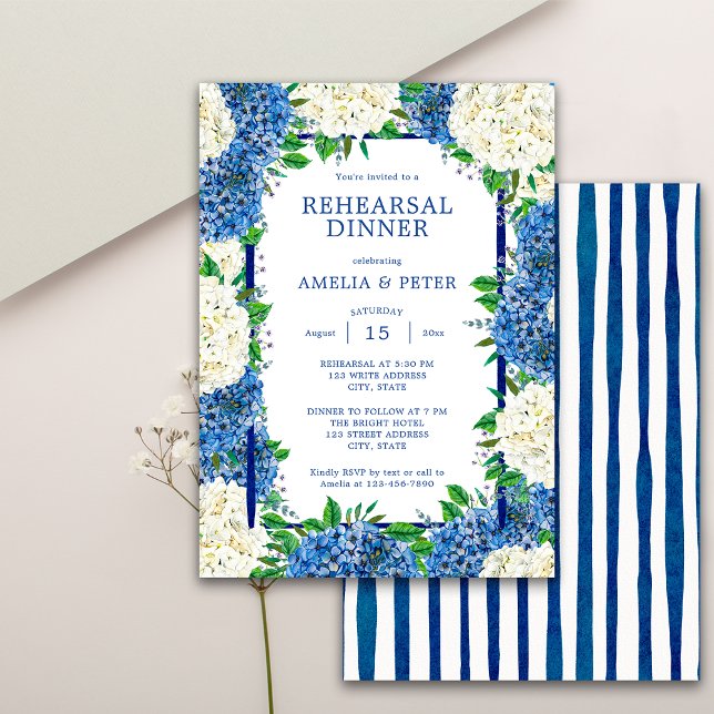 Blue Stripes Hydrangeas Wedding Rehearsal Dinner Invitation (Front / Back)