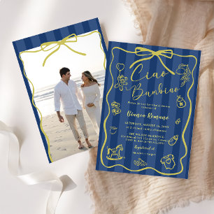 Blue Stripes Italian Ciao Baby Shower Photo Invitation