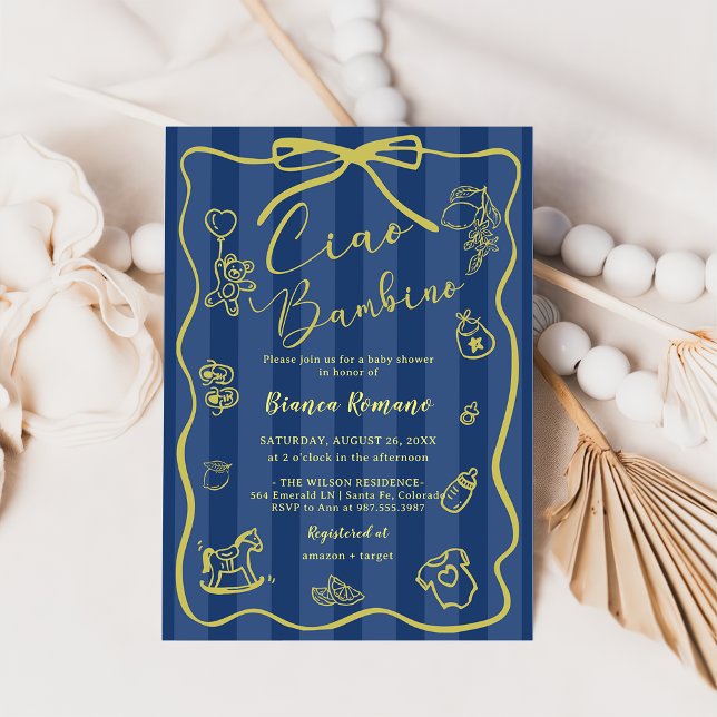 Blue Stripes Italian Themed Ciao Bambino  Invitation (Creator Uploaded)