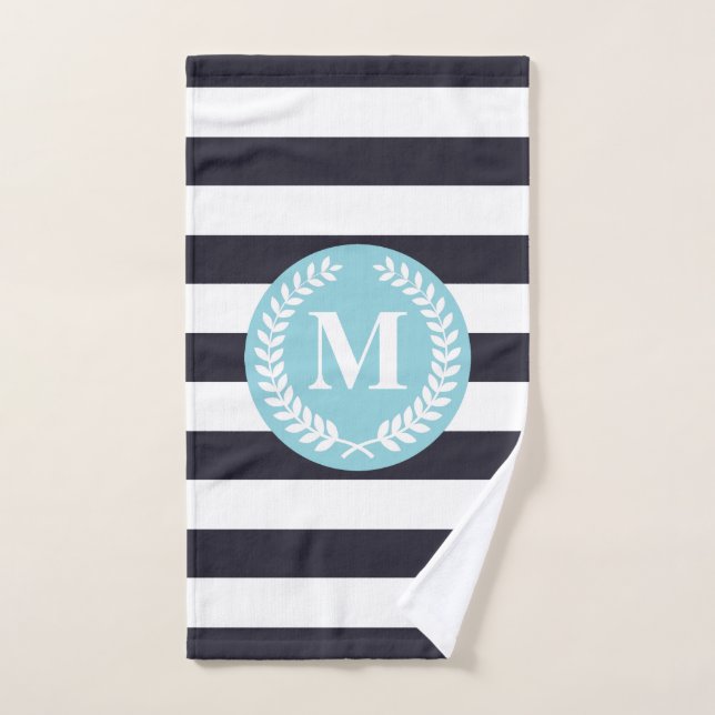 Blue Stripes Laurel Wreath Monogram Bath Towel Set (Hand Towel)
