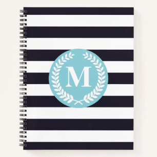 Blue Stripes Laurel Wreath Monogram Notebook