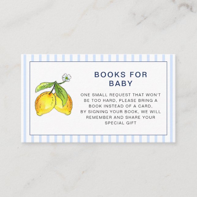 Blue Stripes Lemons Baby Shower Book Request Enclosure Card (Front)