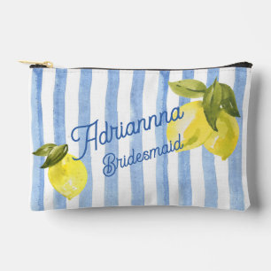 Blue stripes lemons bridesmaids gifts personalised accessory pouch