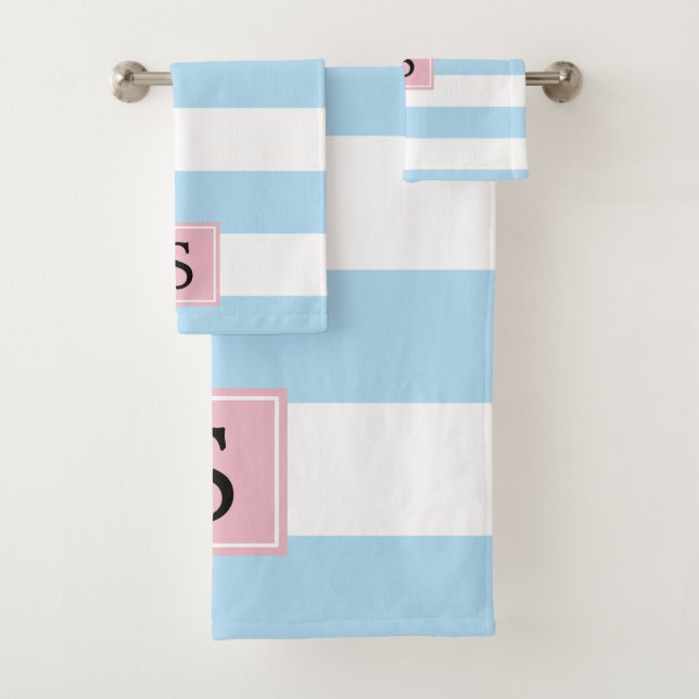 Blue Stripes, Lines, Striped Pattern, Monogram Bath Towel Set (Insitu)