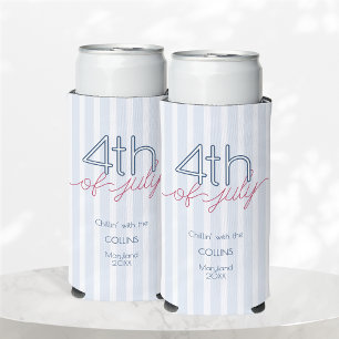 Blue Stripes Modern 4th of July Summer Party Seltzer Can Cooler