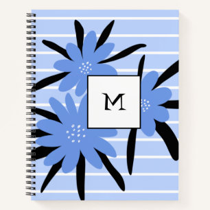 Blue Stripes Modern Monogram Initial Flowers Notebook