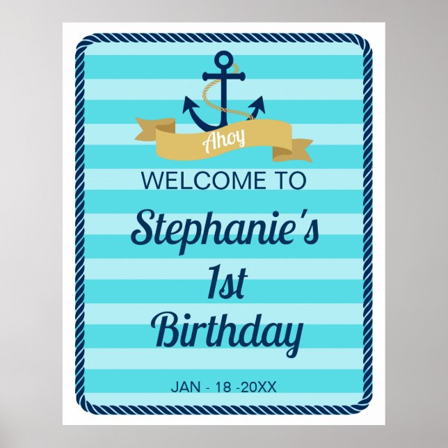 Blue Stripes Nautical Birthday Welcome Sign (Front)