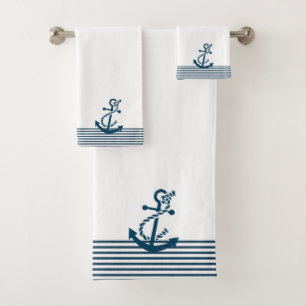 Blue Stripes & Nautical Boat Anchor Bath Towel Set