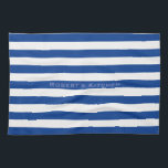 Blue Stripes on any Colour with Custom Text Tea Towel<br><div class="desc">Horizontal stripes against white. White lines can be recolored - feel free to play with the background colour to create new effects! Your own text/name can easily be modified in all ways.</div>