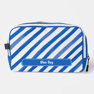 Blue Stripes on White and Text Dopp Kit