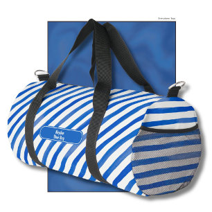 Blue Stripes on White and Text Duffle Bag