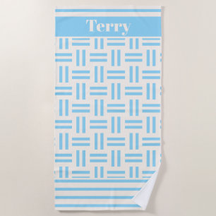 Blue Stripes Pattern Monogram Name Beach Towel