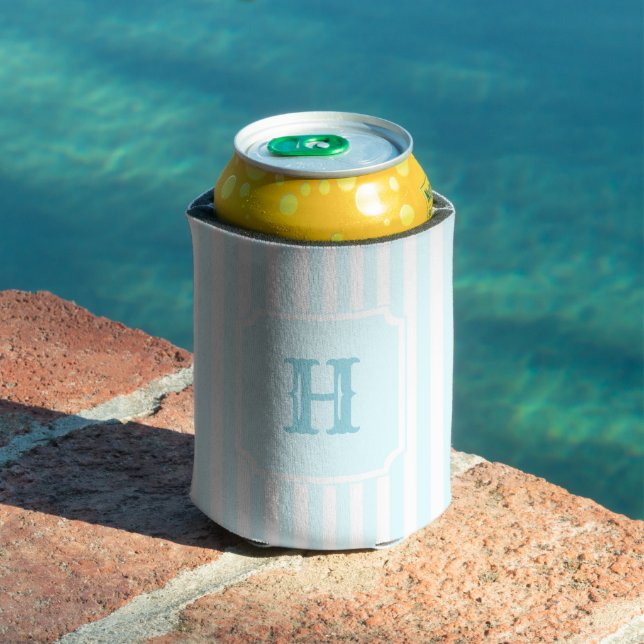 Blue Stripes Pattern Monogram Nautical Sailing Can Cooler (In Situ Pool)