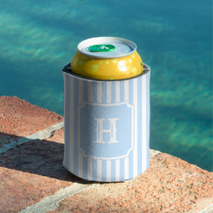Blue Stripes Pattern Monogram Nautical Sailing Can Cooler