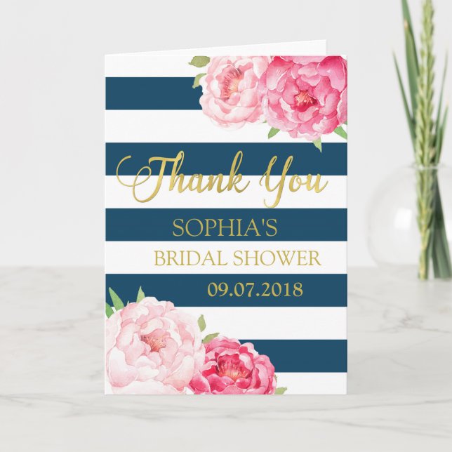 Blue Stripes Pink Floral Bridal Shower Thank You (Front)
