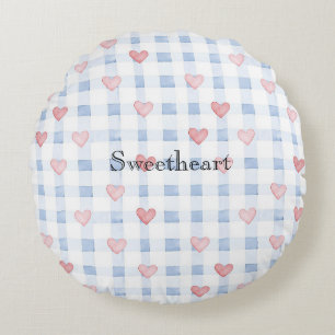 Blue Stripes Pink Hearts Birthday Round Cushion