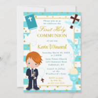 Blue Stripes Red Haired Boy First Holy Communion