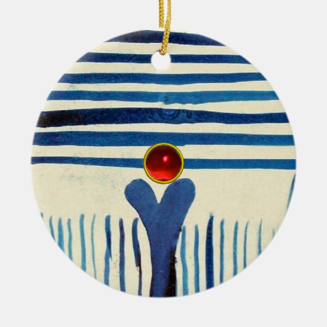 BLUE STRIPES & RED RUBY CERAMIC TREE DECORATION (Front)