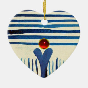 BLUE STRIPES & RED RUBY HEART CERAMIC TREE DECORATION