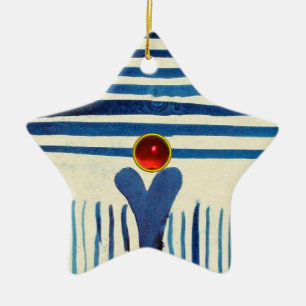 BLUE STRIPES & RED RUBY STAR CERAMIC TREE DECORATION