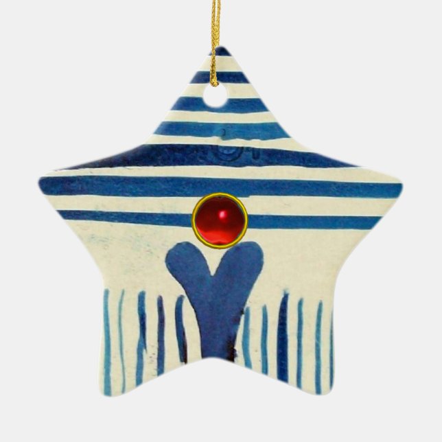 BLUE STRIPES & RED RUBY STAR CERAMIC TREE DECORATION (Front)