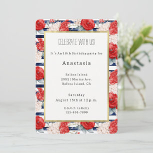 Blue Stripes Red White Floral Birthday Invitation