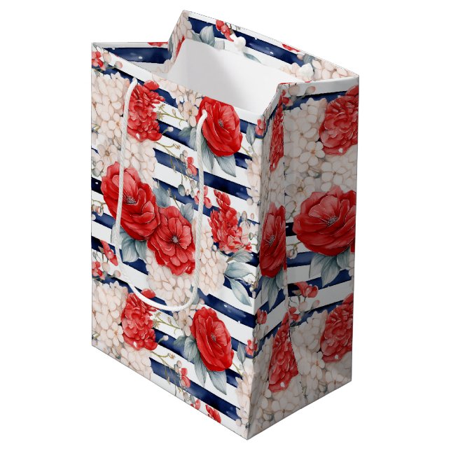 Blue Stripes Red White Floral Birthday Medium Gift Bag (Front Angled)