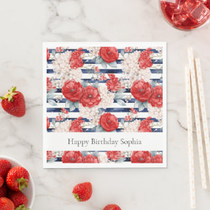Blue Stripes Red White Floral Birthday Napkin