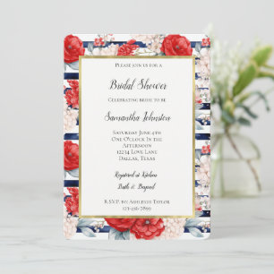 Blue Stripes Red White Floral Bridal Shower Invitation