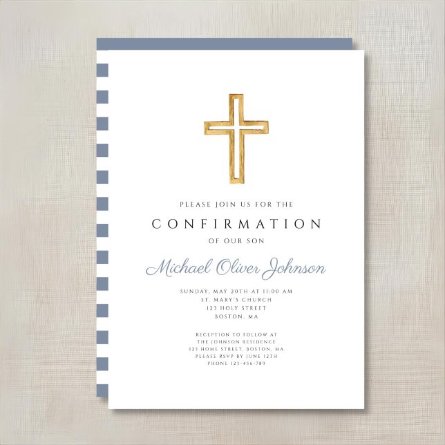 Blue Stripes Religious Cross Boy Confirmation Invitation (Blue Stripes Religious Cross Boy Confirmation Invitation)
