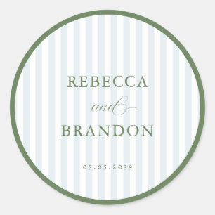 Blue Stripes & Sage Green Border Wedding Favour Classic Round Sticker