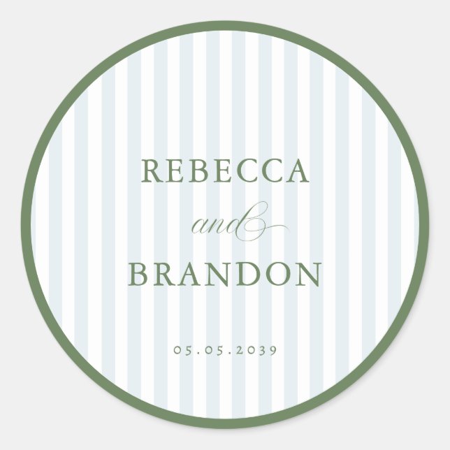 Blue Stripes & Sage Green Border Wedding Favour Classic Round Sticker (Front)