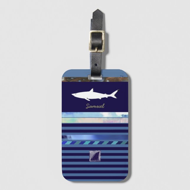 blue stripes shark luggage tag (Front Vertical)