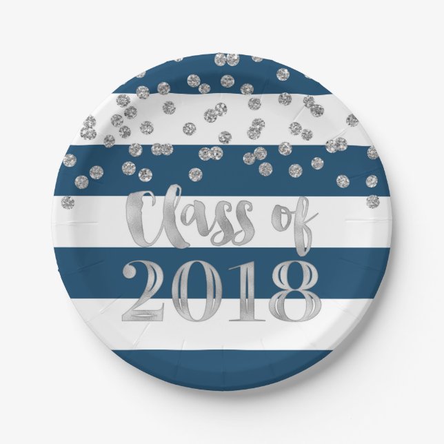 Blue Stripes Silver Dots Class of 2018 Graduation Paper Plate (Front)